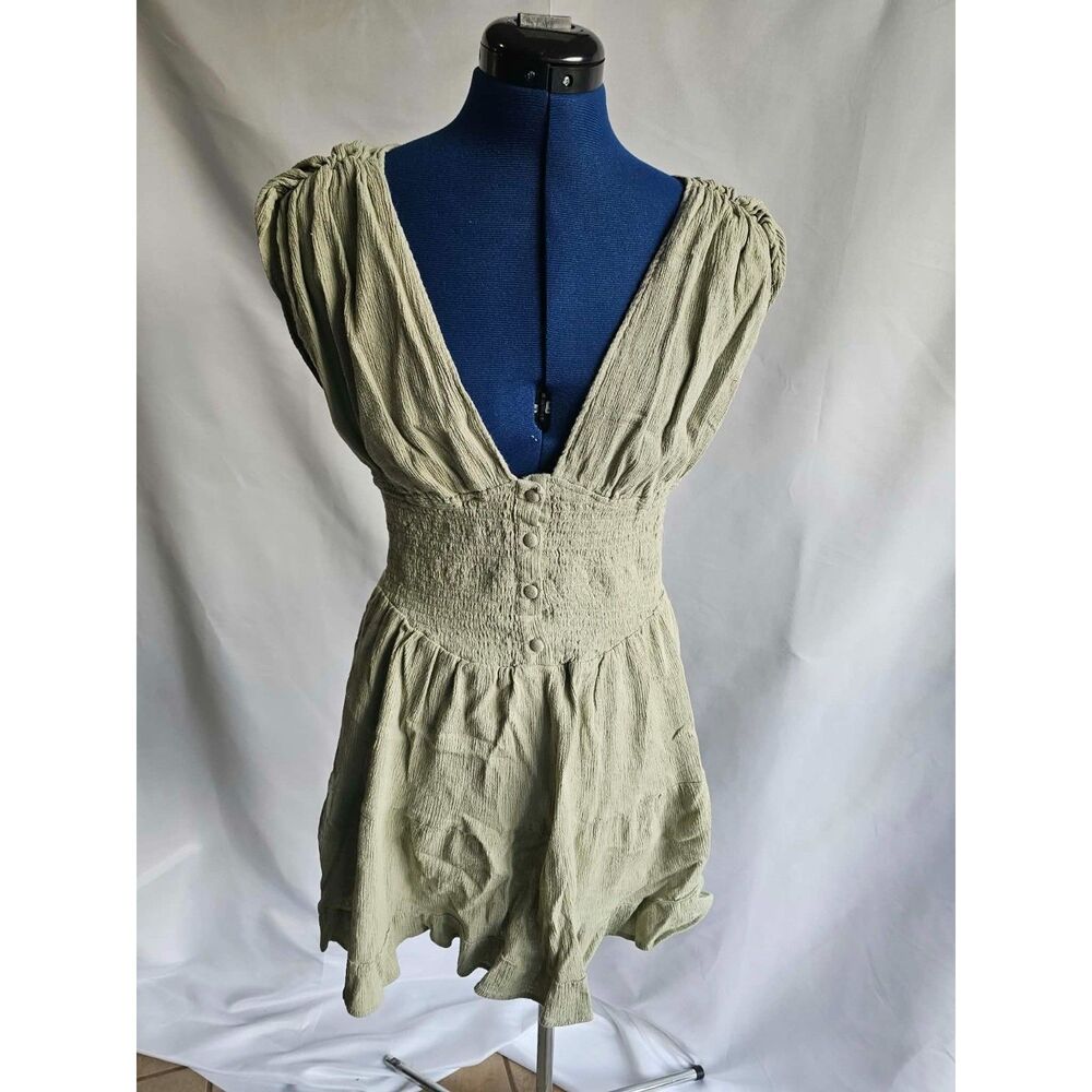 Asos Designs Sage Green Cottagecore Mini Dress Smocked Waist Puff Sleeve US 8